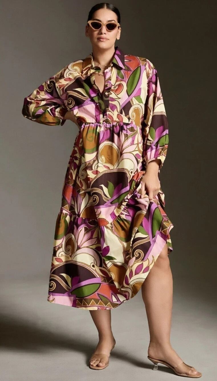 Anthropologie Maeve The Bettina Tiered Shirt Dress Multicolor Retro Swirl XL